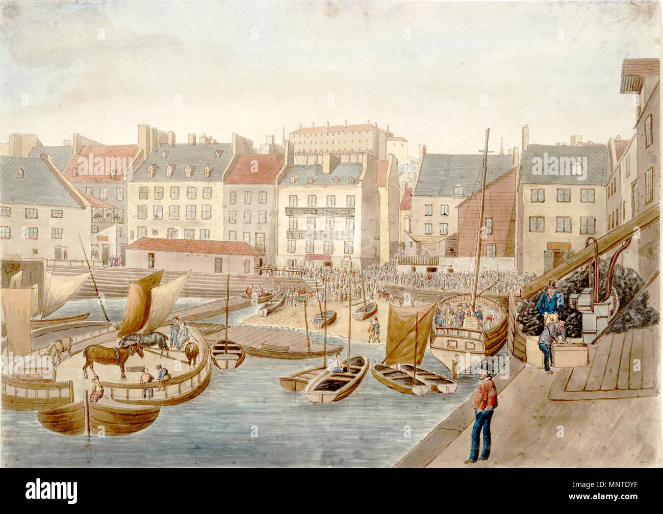 . Englisch: Place du Marché, untere Stadt, von Quai McCullum Aquarell Français gesehen: La Place du marché de la Basse-ville Vue du quai McCullum. Aquarelle. À gauche sur l'image, auf voit un-Pferd - Boot dont les roues à Aube sind actionnées par les chevaux. 1829. James Pattison Cockburn (1779 - 1847) Beschreibung britischer Offizier und Maler Geburtsdatum / Tod 18 März 1779 18. März 1847 Lage der Geburt / Tod New York City Woolwich (London) Kontrolle: Q 6141049 VIAF: 52036561 ISNI: 0000 0000 8077 3118 ULAN: 500025261 50061473 LCCN: n GND: 1052887007 WorldCat 1008 Place du Marc Stockfoto