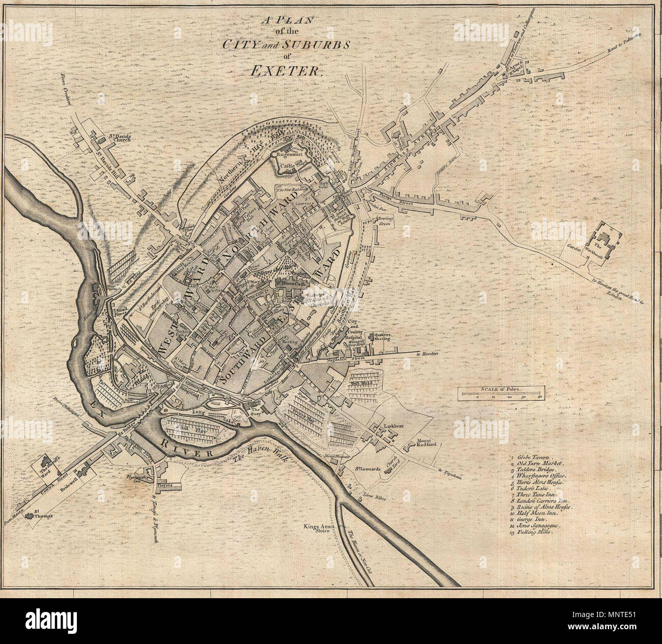 Eine Karte der Grafschaft Devon, mit der Stadt und Grafschaft von Exeter.. Englisch: Dies ist eine sehr seltene und sehr wichtige 1765 Landkarte von Devonshire von Benjamin Donn. In zwölf Panels gezeichnet, diese Karte deckt die Gesamtheit der Devonshire oder Devon aus dem Englischen Kanal nach Barnstaple (porthmadog) Bay und von Cornwall, Somerset auf einer Skala von 1 Zoll bis 1 Meile. Donn beinhaltet auch große Einsätze von Exeter (Hochschule), Plymouth, Plymouth Dock, Stoke Town, und die Insel Lundy. Eine aufwändige dekorative Titel Kartusche mit verschiedenen allegorischen Elementen erscheint in der unteren linken Quadranten. Im Jahr 1759 Stockfoto