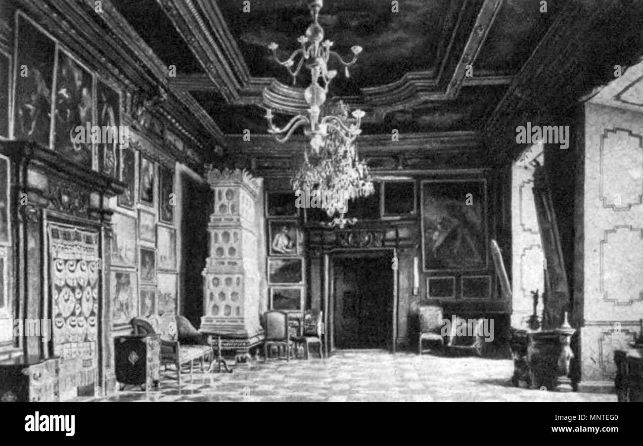 Englisch: Crimson Room des Podhorce Schloss. Polski: Sala Karmazynowa zamku w Podhorcach. Vor 1914. 1010 Podhorce Sala Karmazynowa, 02. Stockfoto