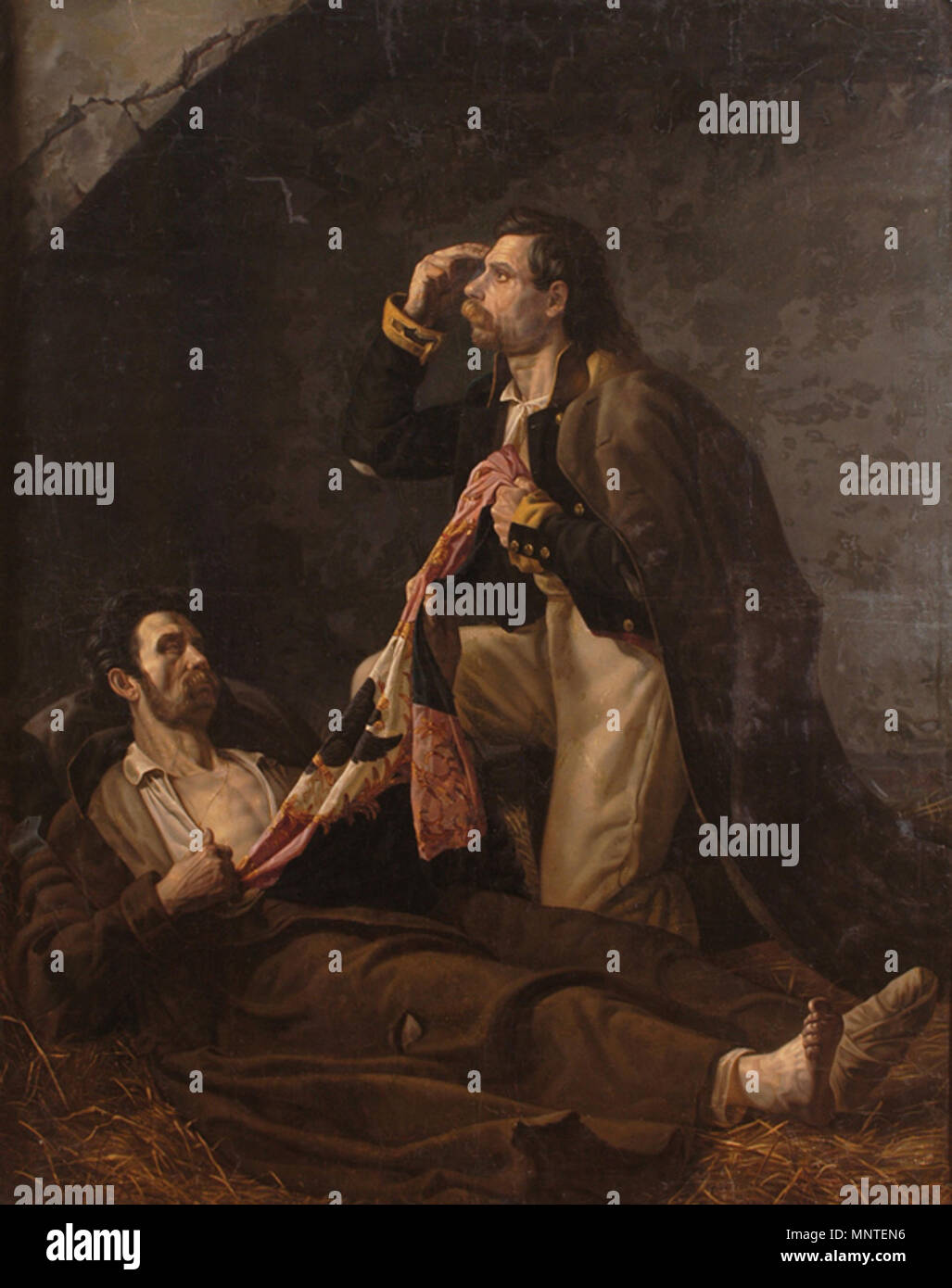 . Русский: Полидор Бабаев (1813-1870). "Умирающий солдат, передающий сохраненное им знамя своему товарищу" (подвиг Семёна Старичкова) Englisch: Der sterbende Soldat von polidor Babaev. Zeigt den echten soldier Semyon Starichkov, die in französische Gefangenschaft gestorben Nach der Schlacht von Austerlitz. 1846. 1011 Polidor Babaev (1813-1870) Die sterbenden Soldaten Stockfoto