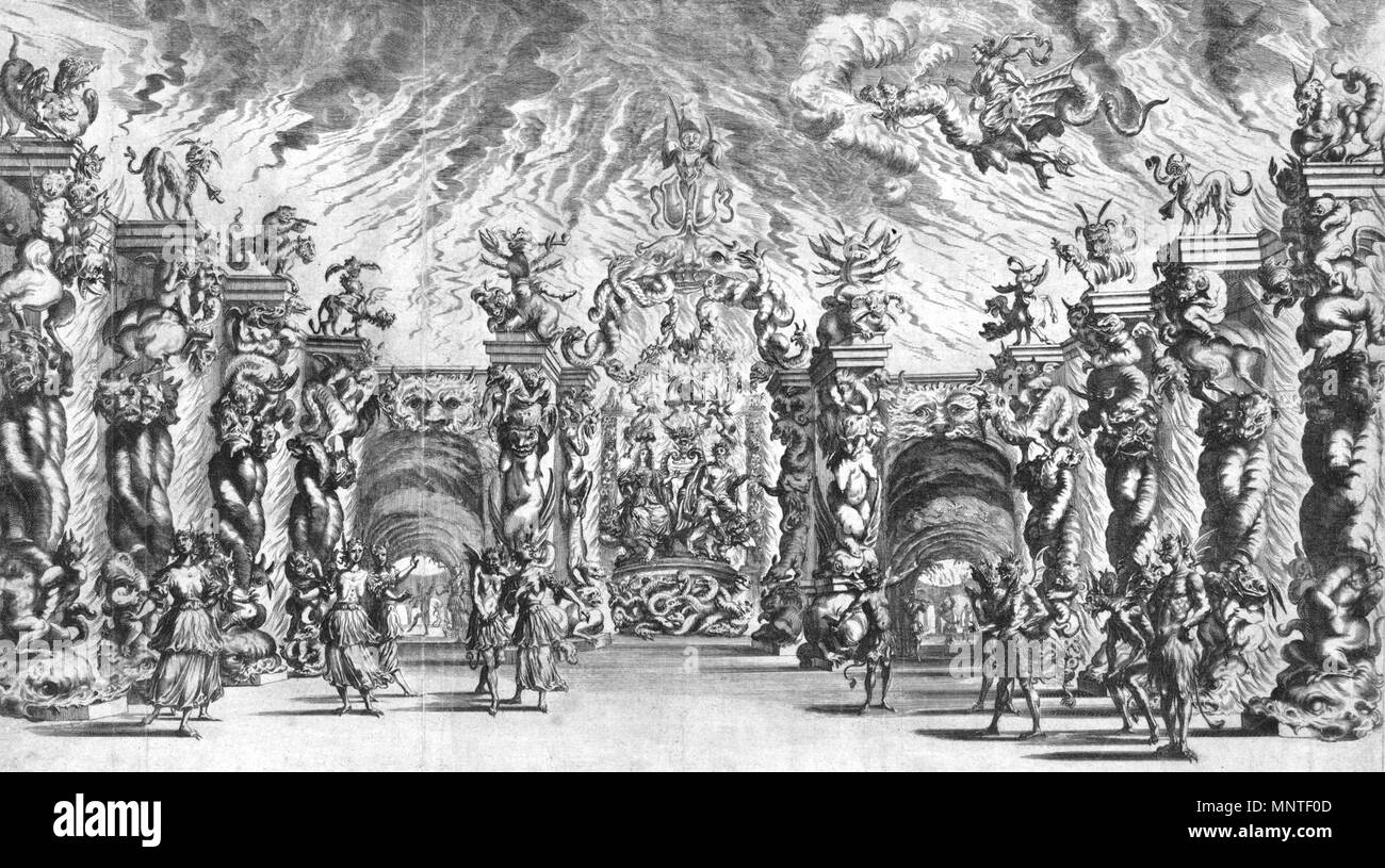 . Englisch: Bühne für die Unterwelt in Antonio Cesti's Oper Il pomo d'Oro, in Wien im Jahre 1668 durchgeführt. Die Oper war ursprünglich geplant, die Hochzeit der Habsburger Heiligen Römischen Kaiser Leopold I. und Margaret Theresa von Spanien in 1666 Mark, war aber bis in das Jahr 1668 verschoben Margaret Theresa's 17. Geburtstag zu markieren. zwischen 1666 und 1668. Artist: Lodovico Ottavio Burnacini (1636-1707), Stecher: Matthäus Küsel (1629-1681 1012 Pomodoro Stockfoto