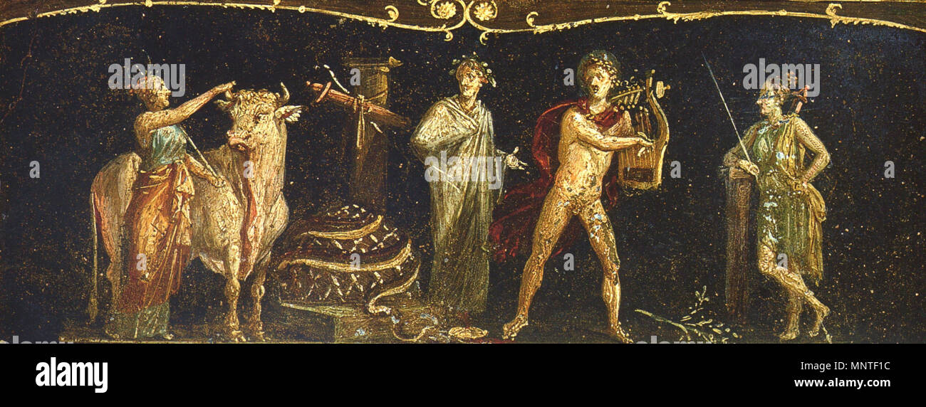 . Englisch: Detail mit Motiven aus Iphigenie auf Tauris von Euripides aus der Dekoration in der TRICLINIUM der Casa dei Vettii (VI 15,1) in Pompeji. English: Detail der Wanddekoration aus dem Triklinium der Casa dei Vettii (VI 15,1) in Pompeji mit Motiven aus Iphigenie in Stier des Euripides. Italiano: Schenna da Ifigenia in Tauride di Euripide, nella decorazione del triclinio della Casa dei Vettii (VI 15,1) ein Pompei. 14. März 2009. WolfgangRieger 1012 Pompeji - Casa dei Vettii - Triclinium - Iphigenie Stockfoto