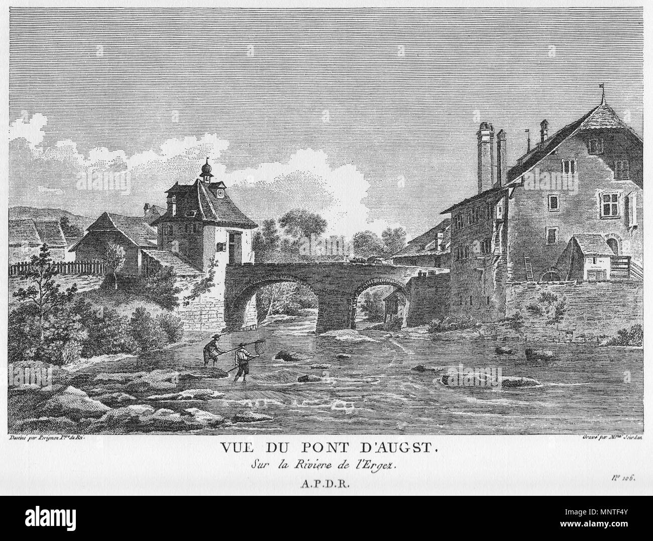 . English: Anſicht der Brücke über die Ergolz zů Augſt. Kupferſtich von Mme. Jourdan nach einer Zeichnung von Nicolas Pérignon. Englisch: Blick von der Brücke über den Fluss Ergolz an Augſt. Kupferstich von Mme. Jourdan nach einer Zeichnung von Nicolas Pérignon. Français: Vue du Pont d'Augſt sur la Rivière de l'Ergez. Tiefdruck sur cuivre de Mme. Jourdan d'après un desſin de Nicolas Pérignon. circa 1780. Nicolas Pérignon/Mme. Jourdan 1013 PonsAugustaeI Stockfoto