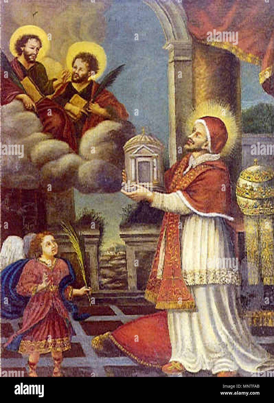 Papst Felix IV (III) präsentiert Heiligen Cosmas und Damian mit der Basilika, die Er ihnen zusammenbraut. Die Malerei von SS Cosma e Damiano. Anfang 1600. 1013 Papst Felix präsentiert Kirche zu Cosmas und Damian Stockfoto