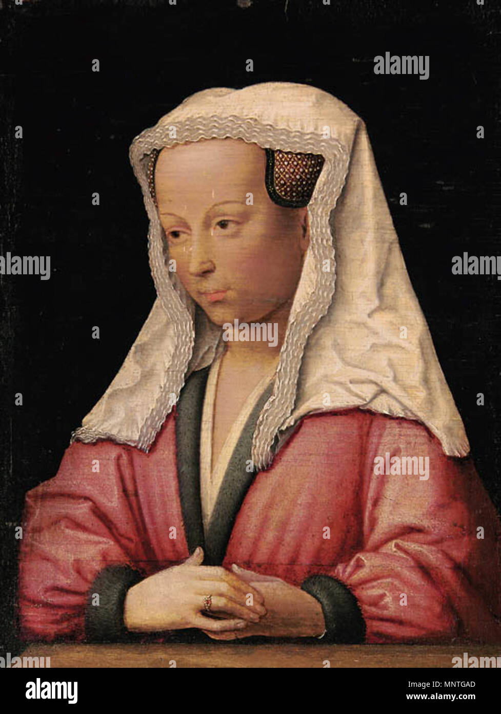 . Portrait von Bonne d'Artois, Herzogin von Burgund, halbe Länge, in einem roten pelzgefütterten Mantel und ein weißes Kopftuch, Öl auf Leinwand. Extrahieren von Christie's Hinweis: Nach Max J. Friedländer (frühen niederländischen Malerei, ICH, Hrsg. N. Veronee-Verhaegen, Leiden, 1967, S. 66), eine sechzehnten Jahrhundert Porträt, die früher in der Gemäldegalerie der Staatlichen Museen, Berlin-Dahlem, die gerade fällt mit eine zeichnung im Codex Arras, Bibliothèque municipale, Arras, scheint die nächste Interpretation der verlorenen Original sein. Die Malerei scheint von diesem frühen Kopie abzuleiten." Andere co Stockfoto