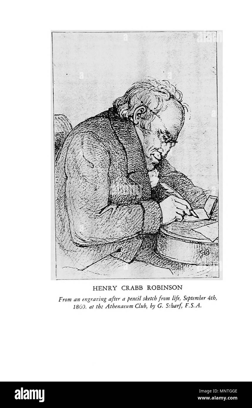 . Englisch: Illustration des Themas in Edith Julia Morley's Blake, Coleridge, Wordsworth, Lamm, etc., die Auswahl aus den Überresten von Henry Crabb Robinson Manchester, der University Press, London, New York [usw.] Longmans, Green & Co 1922:) Die Bildunterschrift ist" von einer Gravur nach einem Bleistift Skizze aus dem Leben, 4. September 1860. Im Athenaeum Club, von G. Scharf, F.S.A. 1869 (1922). Der Autor ist im Text als George Scharf (1820-1895) Alternative Namen Sir George Scharf Beschreibung Englisch Illustrator und Kunstkritiker Datum der Geburt / Tod 16 Dezember 1820 19 April identifiziert Stockfoto