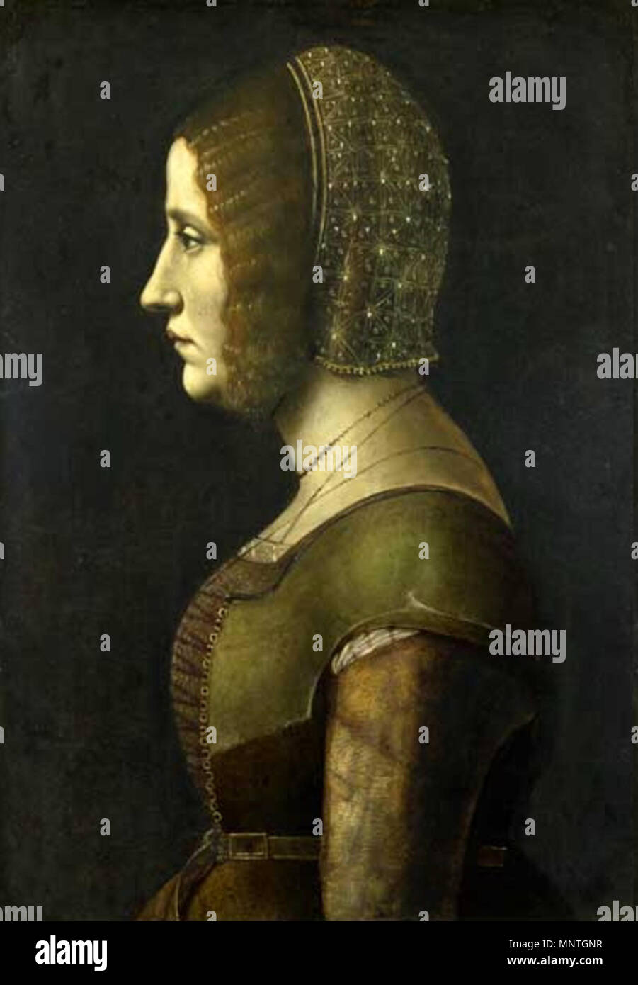 Polski: Portret damy Englisch: Bildnis einer Dame (Tullymore Hochformat). Es 1900s Lucrezia Crivelli Portrait zu sein (A. dachte Edith Hewett. Eine neu entdeckte Portrait von Ambrogio De Predis // The Burlington Magazine für Genießer, Vol. 10, Nr. 47 (Feb., 1907), S. 308-313 [1] The Burlington Magazine für Kenner) ist es wahrscheinlich, dass dieses Portrait ist auch ein Mailänder arbeiten. Der Mauren Kopf und die Buchstaben 'L' und 'O' das Ornament das Gurtschloss zu Lodovico il Moro, Herzog von Mailand anspielen können. 1500. 1020 Porträt der Lady - Ambrogio De Predis Stockfoto
