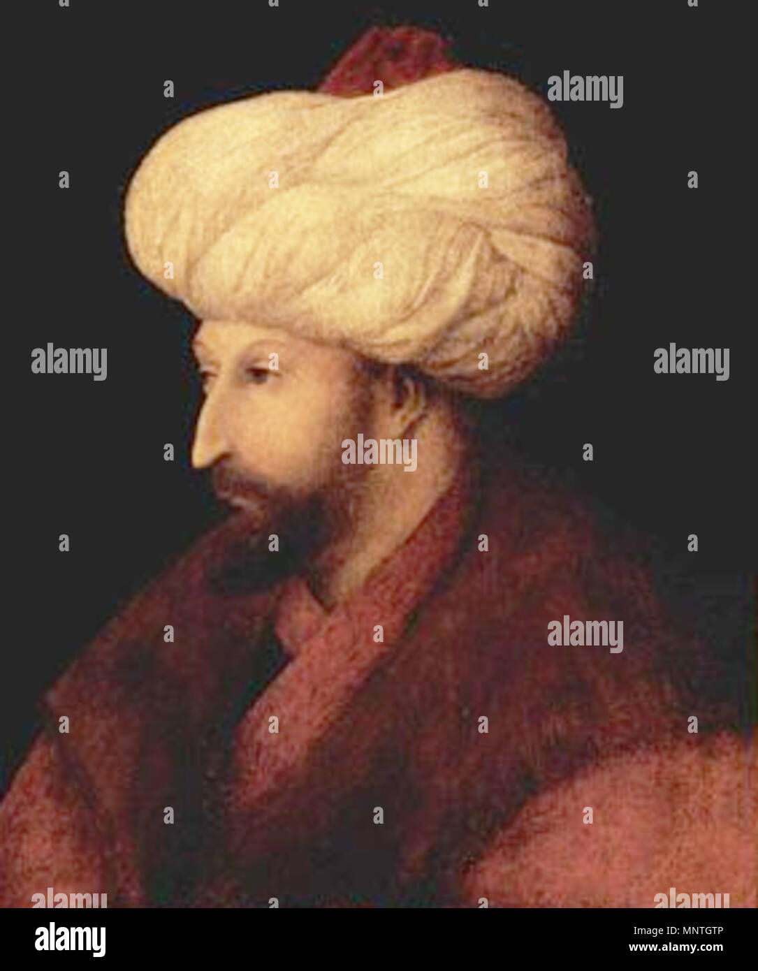 English: Porträt des Sultans Mehmed II. Fatih, "Der Eroberer" Englisch: Portrait von Mehmed II العربية: بورتريه للسلطان محمد الفاتح للرسام جنتيل بيليني 1480. 1020 Portrait von Mehmed II. von Gentile Bellini (7/8) Stockfoto