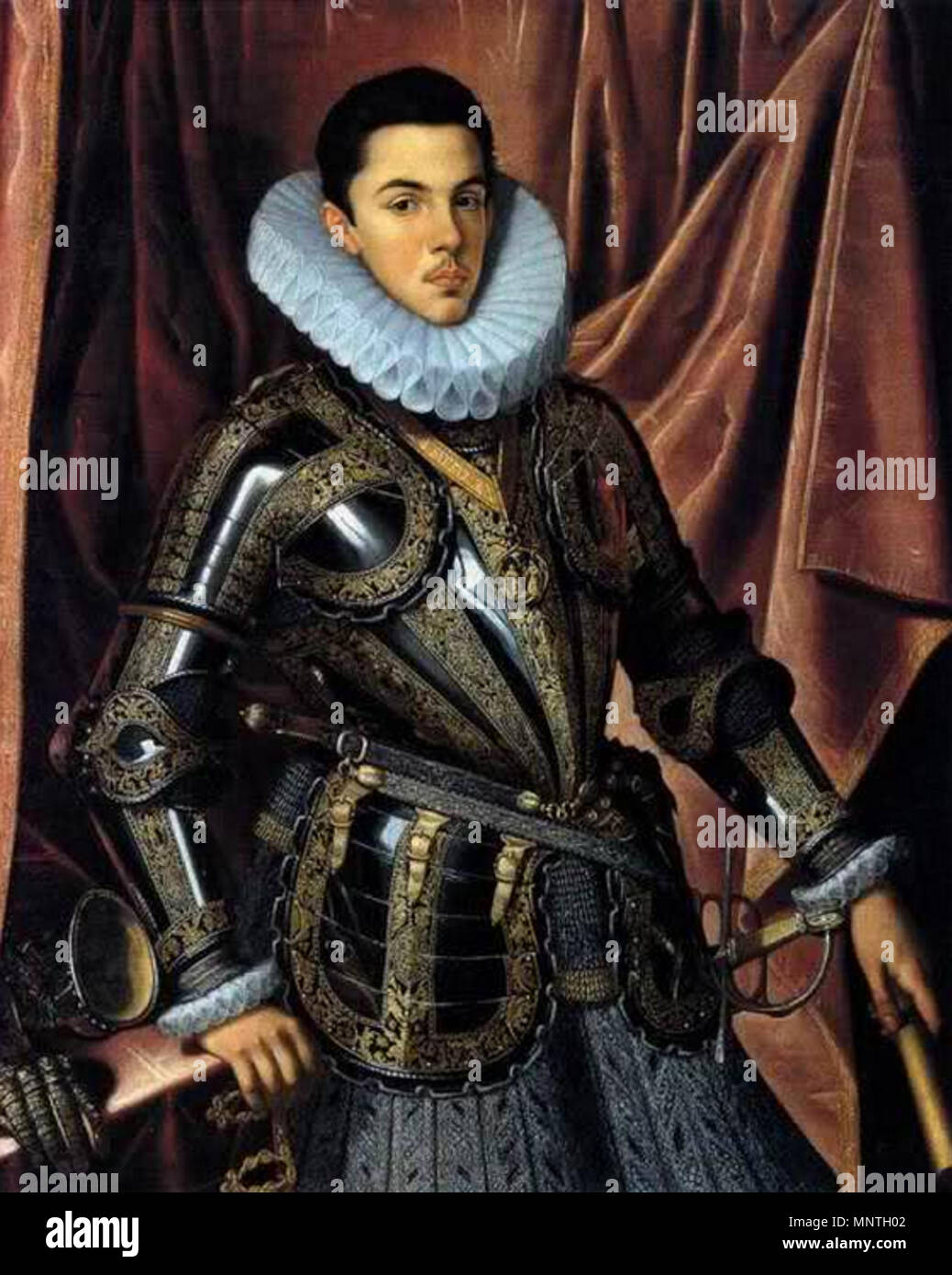 Prinz Philip Emanuel von Savoyen. Español: Retrato del Príncipe Felipe Manuel de Saboya (1586-1605), Que fue El hijo primogénito de Carlos Manuel I de Saboya, Duque de Saboya, y de la infanta Catalina Micaela de Austria, hija del rey Felipe II de España. Englisch: Portrait von Felipe Manuel, Prinz von savoya (1586-1605), Sohn von Charles Emmanuel I., Herzog von Savoyen und Infantin Katharina Michelle von Spanien (Tochter von Philipp II.). Der Künstler stellt der Prinz als Thronfolger in Savoya trägt eine Rüstung der Lombardischen Ursprungs und die Halskette der Annunziata, die höchste Ordnung der K Stockfoto