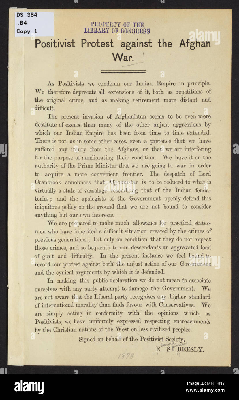 Русский: Протесты позитивистов против Афганской войны Français: protestierung positiviste Contre la guerre anglo-Afghanen Englisch: positivistischen Protest gegen den Afghanistankrieg: 实证主义者反对阿富汗战争 中文 Português: Positivistas protestam contra a Guerra do Afeganistão العربية: احتجاج للوضعيين ضد الحرب الأفغانية Español: Positivista Protesta contra la guerra afgana. Русский: Этот документ представляет собой одностраничный манифест, Позитивистским обществом изданный в Лондоне в качестве протеста против Второй англо-афганской войны, которая началась в ноябре 1878 года, когда Великобритания, опасаясь, как к ей Stockfoto