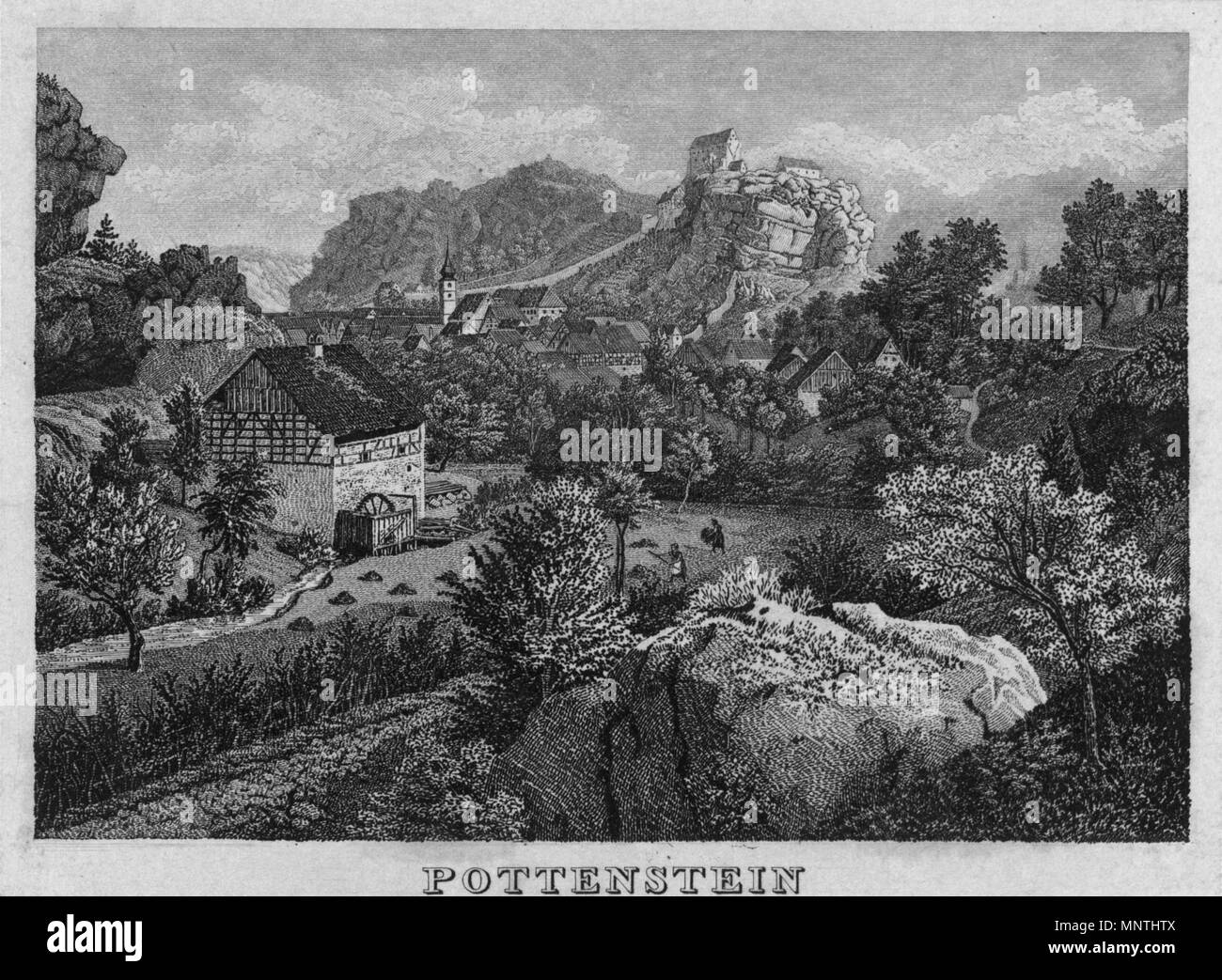 . English: Pottenstein in Erinnerungsblatt für Freunde Muggendorfs und dessen Umgebungen. Nach der Natur gezeichnet und gestochen von C. Wießner in Nürnberg. 1834. 1834. C. Wießner 1025 Pottenstein 1834 001 Stockfoto
