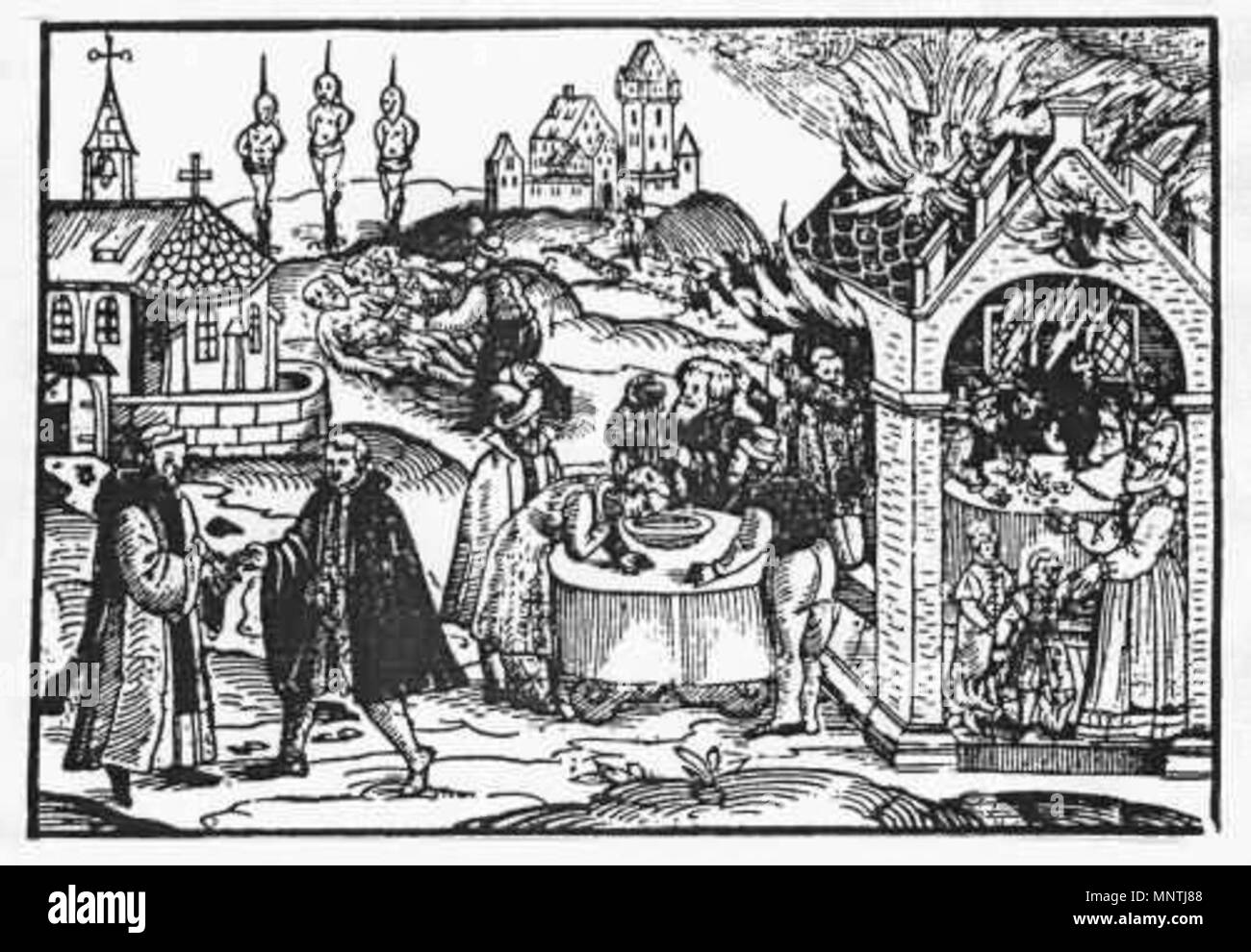 . Die Juden verspotteten den Host in Pressburg (Bratislava) von heute; ein Holzschnitt. 1591. Unbekannt 1027 Pressburg 1591 Stockfoto