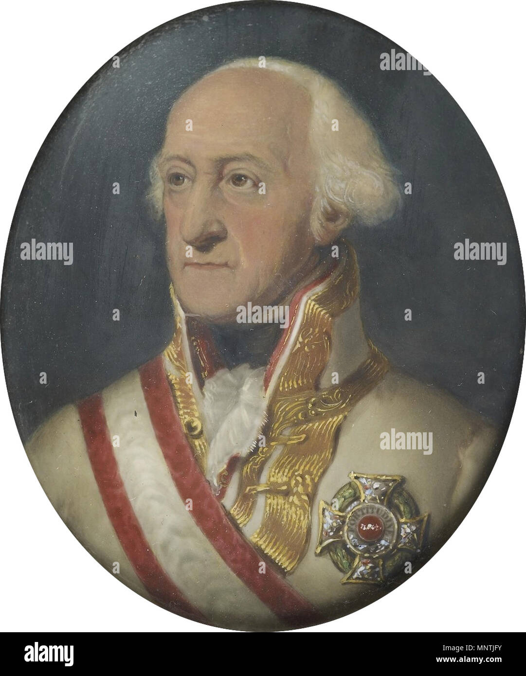 . Portrait von Prinz Friedrich Josias von Sachsen-Coburg-Saalfeld (1737-1815). Büste - Länge, das Tragen von österreichischen militärischen Uniform mit der Multifunktionsleiste und Stern des Ordens der Maria Theresia von Österreich. Signiert, datiert und auf der Theke eingeschrieben - Emaille in Schwarz Farbe: Feldmarschall/Prinz Friedrich Josias/von Saxe Coburg Saalfeld/durch Jagomann 1810 / von W. Essex/Emailmaler an Ihre Majestät / & SKH Prinz Albert/1848 Bemalt bemalt. Signiert und datiert 1848. 1028 Prinz Friedrich Josias von Sachsen-Coburg-Saalfeld Stockfoto