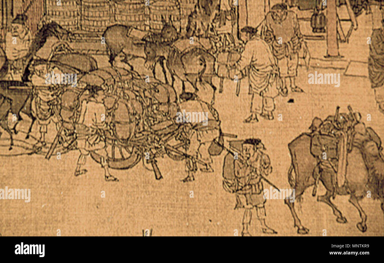 QMSHT, Sammlung von Prof. Cao Xingyuan Binden laden Sie unten auf eselkarren Warenkorb. Close-up Detail der Chinesischen Stadtbild handscroll entlang des Flusses während Qingming Festival, Tusche und Farben auf Seide, 25,5 × 525 cm. Der Nördlichen Song Dynastie (960 - 1127), obwohl es wissenschaftliche Betrachtung, daß es nach dem Fall von Kaifeng, der Jin Dynastie gemalt worden sein konnte zu Beginn der Südlichen Song (1127-1279) ist. Zhang Zeduan (1085-1145) 1034 Qingming Festival Detail 10. Stockfoto