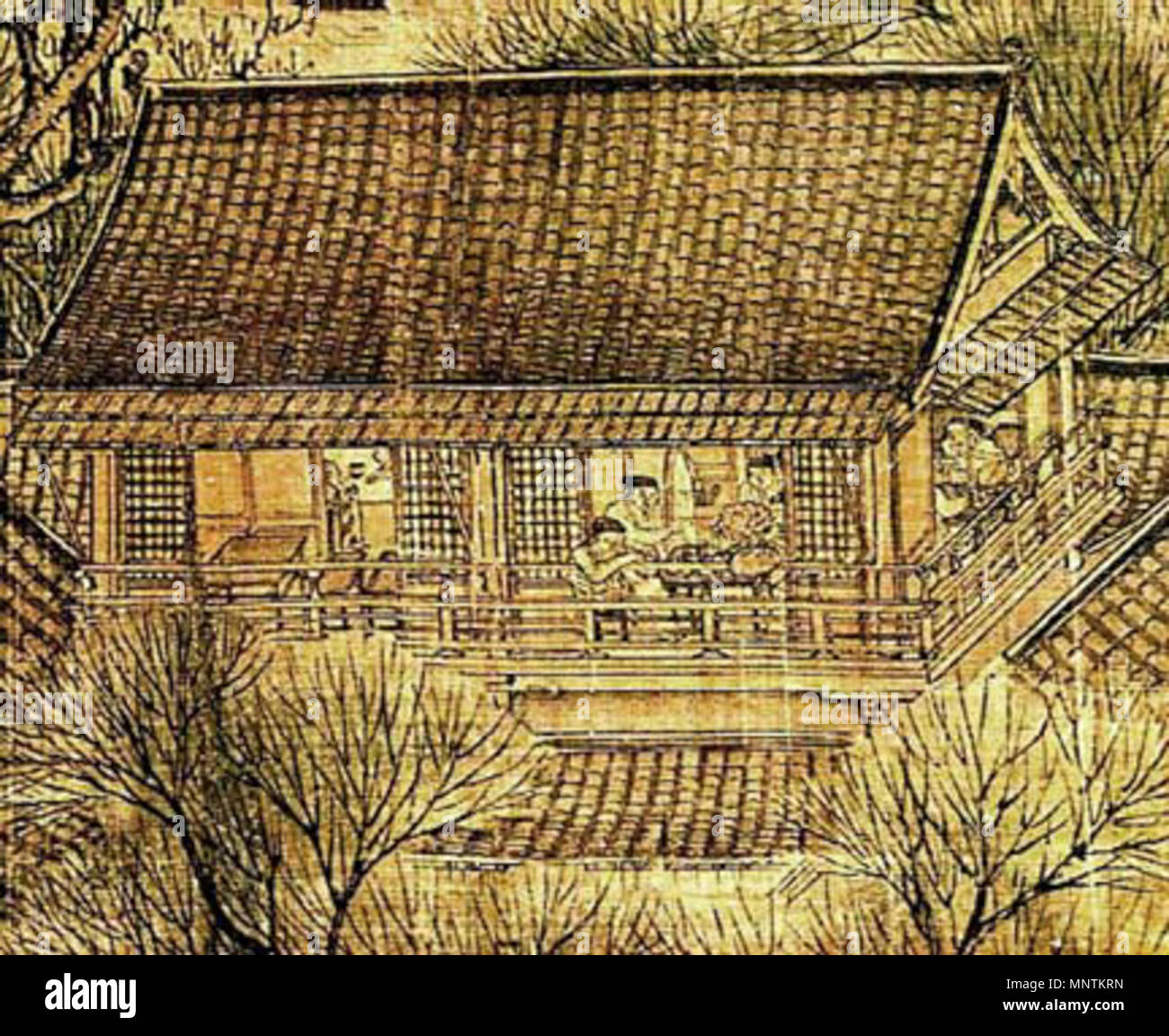 . Close-up Detail der Chinesischen Stadtbild handscroll entlang des Flusses während Qingming Festival, Tusche und Farben auf Seide, 25,5 × 525 cm. Der Nördlichen Song Dynastie (960 - 1127), obwohl es wissenschaftliche Betrachtung, daß es nach dem Fall von Kaifeng, der Jin Dynastie gemalt worden sein konnte zu Beginn der Südlichen Song (1127-1279) ist. 1034 Qingming Festival Detail 15. Stockfoto