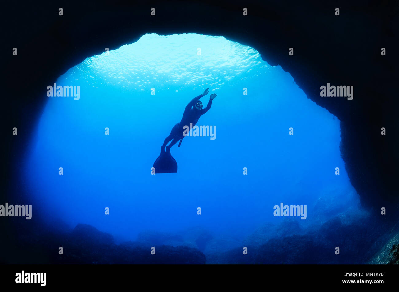 Freediverin mit Monofin, Blue Hole, Gozo, Malta, Mittelmeer, Atlantik, HERR Stockfoto