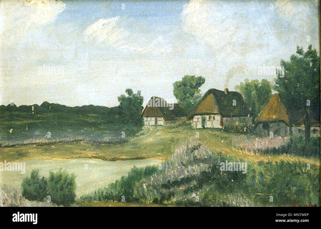 English: Bauernkaten in einer Heidelandschaft Englisch: Landwirt Cottage in einer Heidelandschaft. 1037 Raabe - bauernkaten Stockfoto