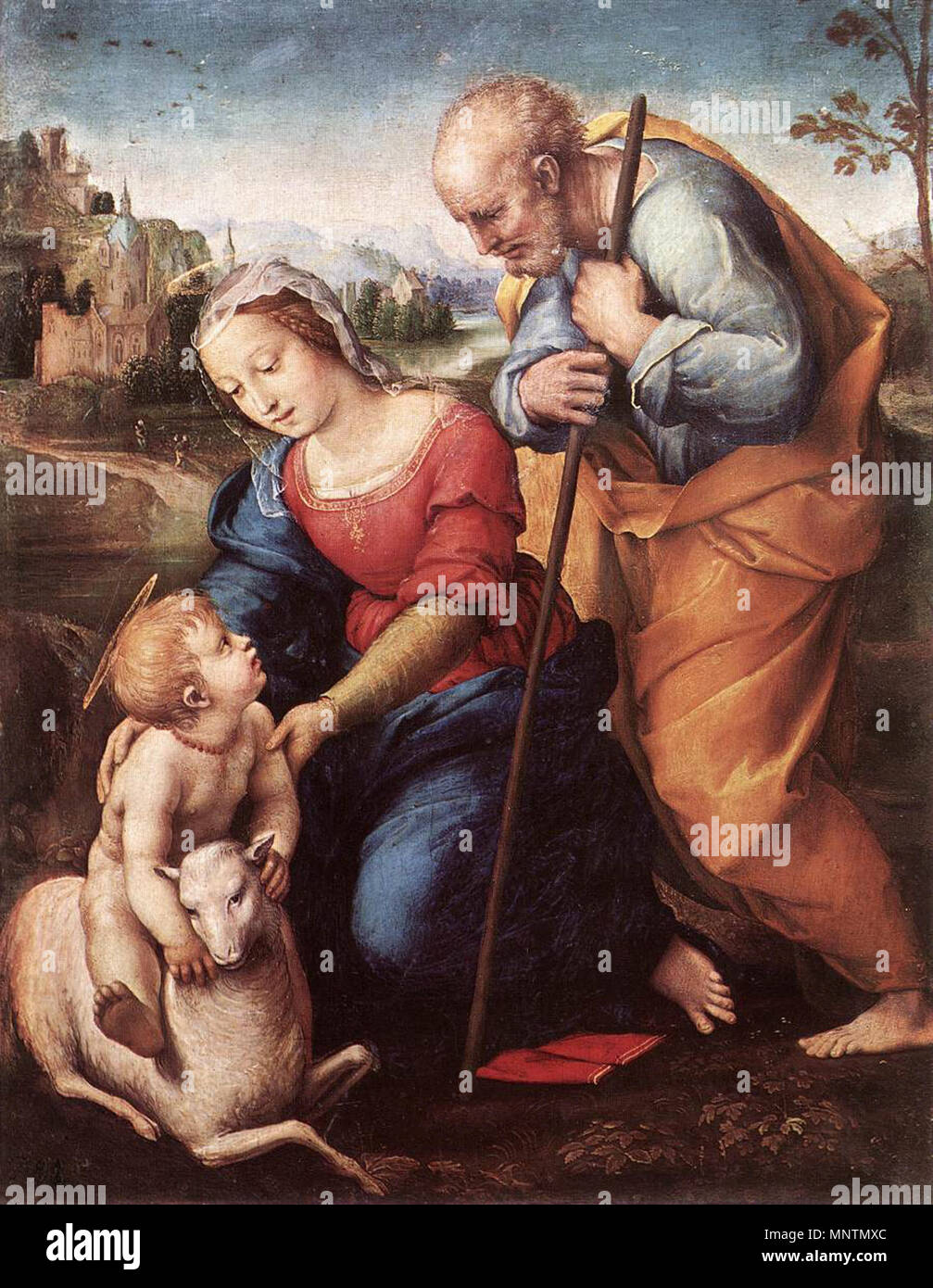 Die Heilige Familie mit einem Lamm 1507. 1038 Raffaello Sanzio - Die Heilige Familie mit einem Schaf - WGA 18656 Stockfoto