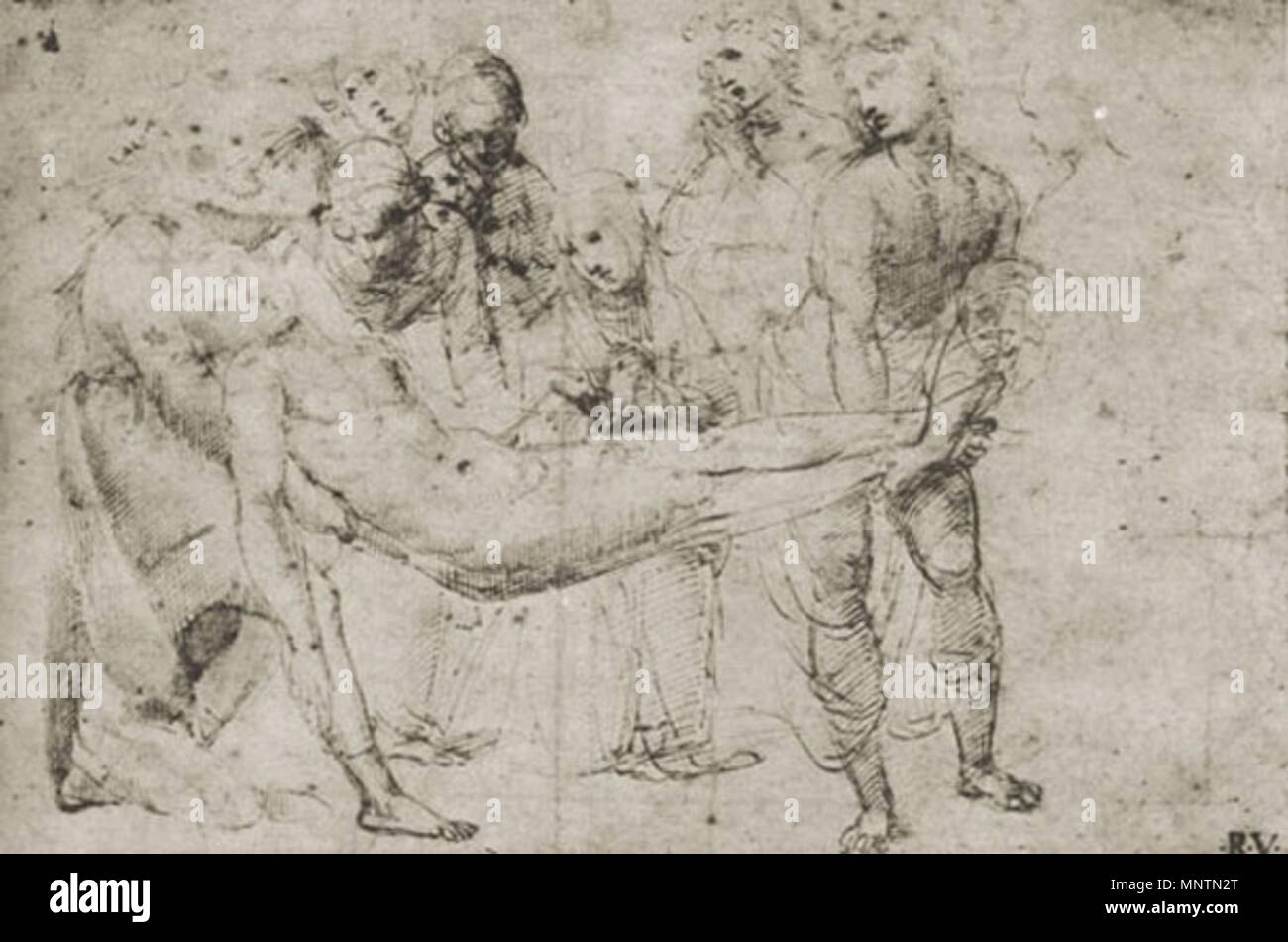 . Studio per la Deposizione Penna, 213 x 320 mm Londra, British Museum, Abteilung für Drucke und Zeichnungen, inv 1963.12.16.1 r. Juli 1505 ca.. siehe Dateiname oder Kategorie 1039 Raffaello, Studio per la Pala baglioni 16. Stockfoto