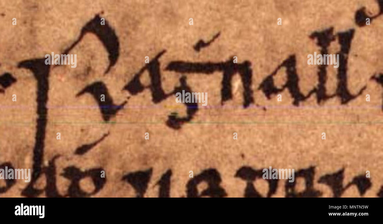 . Englisch: Ein Auszug aus Folio 23r von Oxford Bodleian Library MS Rawlinson B 488 (Geschichte der Tigernach). Der Auszug bezieht sich auf Mac Ragnall Torcaill, König von Dublin (gestorben 1146). Zwischen dem 14. und 17. Jahrhundert. Unbekannt 1039 Ragnall mac Torcaill (Oxford Bodleian Library MS Rawlinson B 488, Folio 23r) 1. Stockfoto