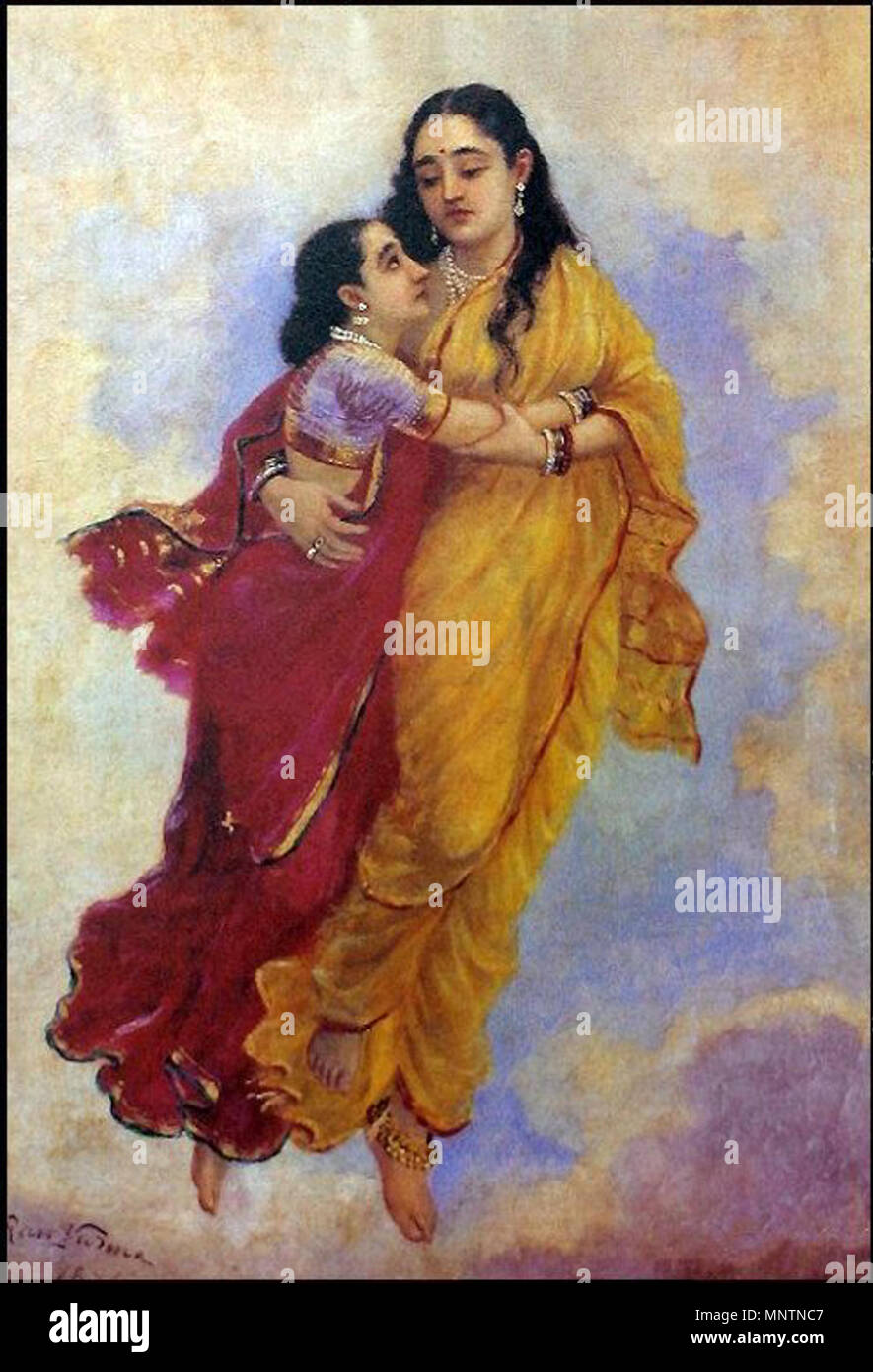 Englisch: Menaka und Shakuntala മലയാളം: മേനകയും ശകുന്തളയും. Englisch: Apsaras Sakunthala Menakataking ihre Tochter, während sie schwanger war und von König Dushyantha verworfen. മലയാളം: ദുഷ്യന്തനാൽ പരിത്യജിക്കപ്പെട്ട ഗർഭിണിയായ ശകുന്തളയെ മേനക കൂട്ടിക്കൊണ്ടു പോകുന്നു. . Datum unbekannt. 1040 Raja Ravi Varma, Menaka und Sakunthala (1891) Stockfoto