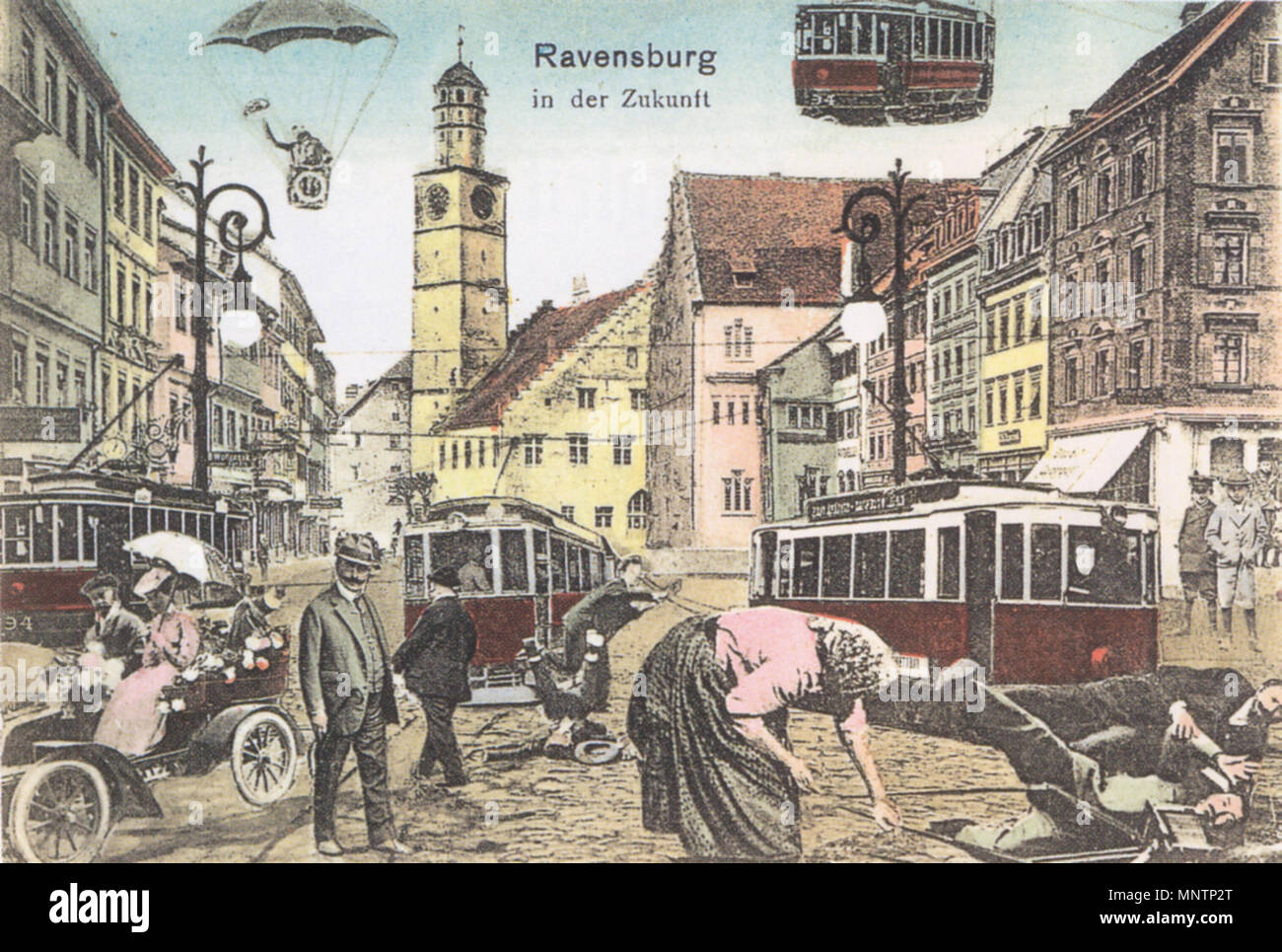 . Ravensburg, Scherzpostkarte zum Fasching 1908, der unter dem Motto "Verkehr in der Stadt" stattfand; "Ravensburg in der Zukunft" mit Straßenbahnen und Schwebebahn auf dem Marienplatz; Stadtarchiv Ravensburg. 1908. Anonym (Autor) 1043 Ravensburg Fastnacht 1908 Scherzpostkarte Stockfoto