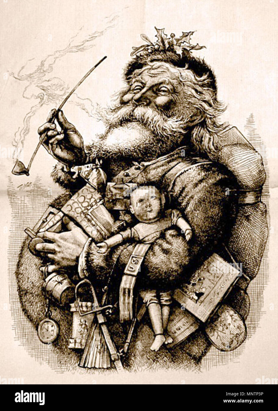 . Englisch: Thomas Nast's berühmtesten zeichnen, "Merry Old Santa Claus', vom 1. Januar 1881 Ausgabe von Harper's Weekly. Thomas Nast verewigt Santa Claus' aktuelle Aussehen mit einer Abbildung in einem 1863 Ausgabe von Harper's Weekly, als Teil einer großen Abbildung mit dem Titel "Ein Weihnachten Urlaub", in der Nast seine regelmäßige Nachrichten und politische Deckung ein Weihnachtsmann Zeichnung zu tun. Die Popularität des Bildes veranlasste ihn, eine andere Illustration 1881 zu erstellen. 1. Januar 1881. Thomas Nast 885 MerryOldSanta Stockfoto