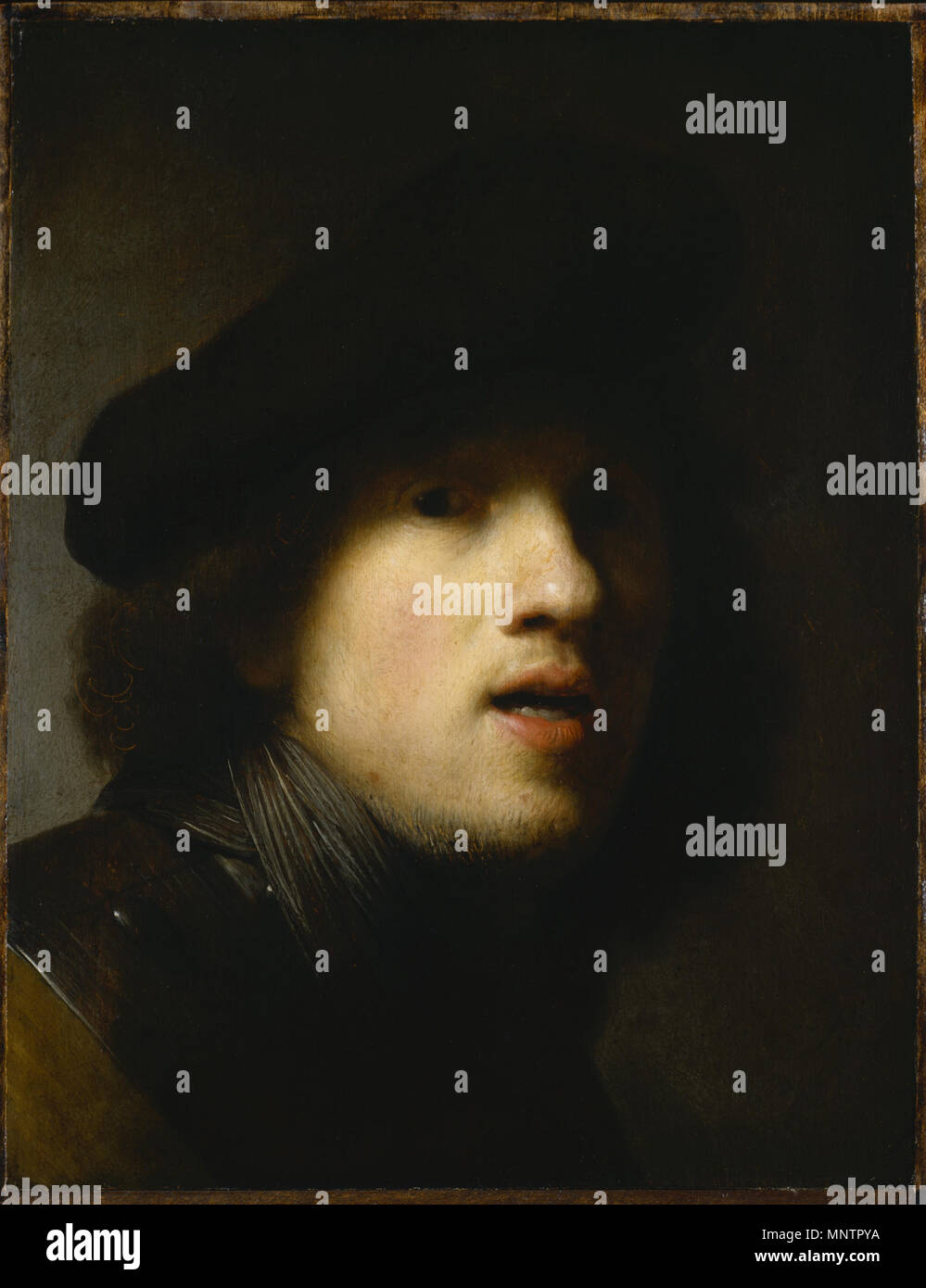 Selbstportrait. Von liu.edu: der Clowes Selbstbildnis in Indianapolis ist einer der frühesten der über 75 bekannte Selbstbildnisse von Rembrandt, und vermutlich ist sein erster Versuch die Funktionen des menschlichen Gesichts exakt in einem Leben zu erfassen, die über große Arbeiten. Gemalt, als er nur 23. wurde, es porträtiert Rembrandt das Tragen einer Baskenmütze, glänzenden Stahl gorget, zerknittert Seidenschal, und mehrere dreitagebart von seinem Bart, trotz der starken Schatten auf der rechten Seite seines Gesichts sichtbar. Die Neigung des Kopf- und offenen Mund erwecken den Eindruck, dass der Maler aus gefangen wurde-Guard, vielleicht Mitte Stockfoto
