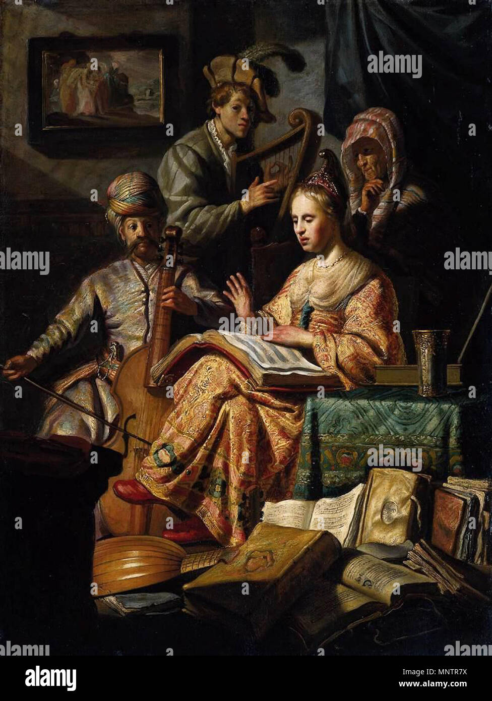 Die Musik Party. Allegorische Musik Party. Auf der linken Seite ein Mann in orientalischer Kleidung und einen Turban spielt die Gambe. Rechts neben ihm ein Mann spielt die Harfe. Eine junge Frau sitzt neben einer Tabelle mit einem geöffneten Song Book auf ihrem Schoß beim Singen. Hinter ihr eine ältere Frau mit Kopftuch Uhren auf. Verstreut auf dem Boden sind Musikinstrumente (eine Laute, Violine) und Stapel von Büchern. An der Wand ein Gemälde zeigt viel Flucht aus Sodom gesehen werden kann. 1626. 1050 Rembrandt - die Musik Party-WGA 19249 Stockfoto