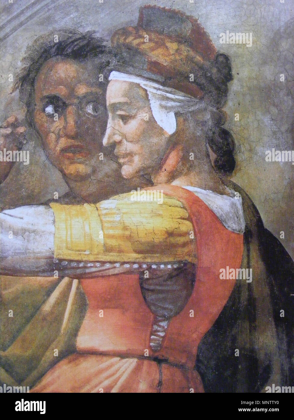 Englisch: Matthan, mit seiner Frau, Teil der 'Eleasar (oder elazar) und Mathan' (beschriftet "ELEASAR · MATHAN'). Linken Teil, Detail, wiederhergestellt) English: matthan mit Ehefrau und Jakob. Linker Teil des Freskos in der Lünette "Eleasar und Matthan' (beschriftet mit "ELEASAR · MATHAN') - restauriert. c. 1508-1512. 889 Michelangelo Sixtinische Kapelle - Eleasar und Matthan - Detail Matthan, mit Frau Stockfoto