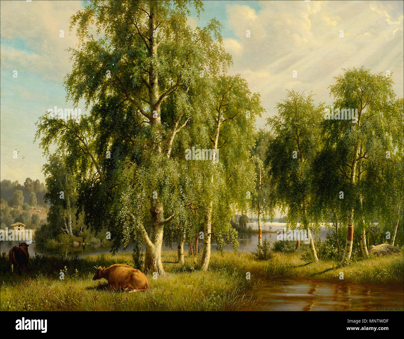 English: Sommerlandschaft Englisch: Sommer Landschaft Svenska: Sommarlandskap Deutsch: Kesämaisema 1877. 1274 Wright Ferdinand Sommer Landschaft 1877 Stockfoto