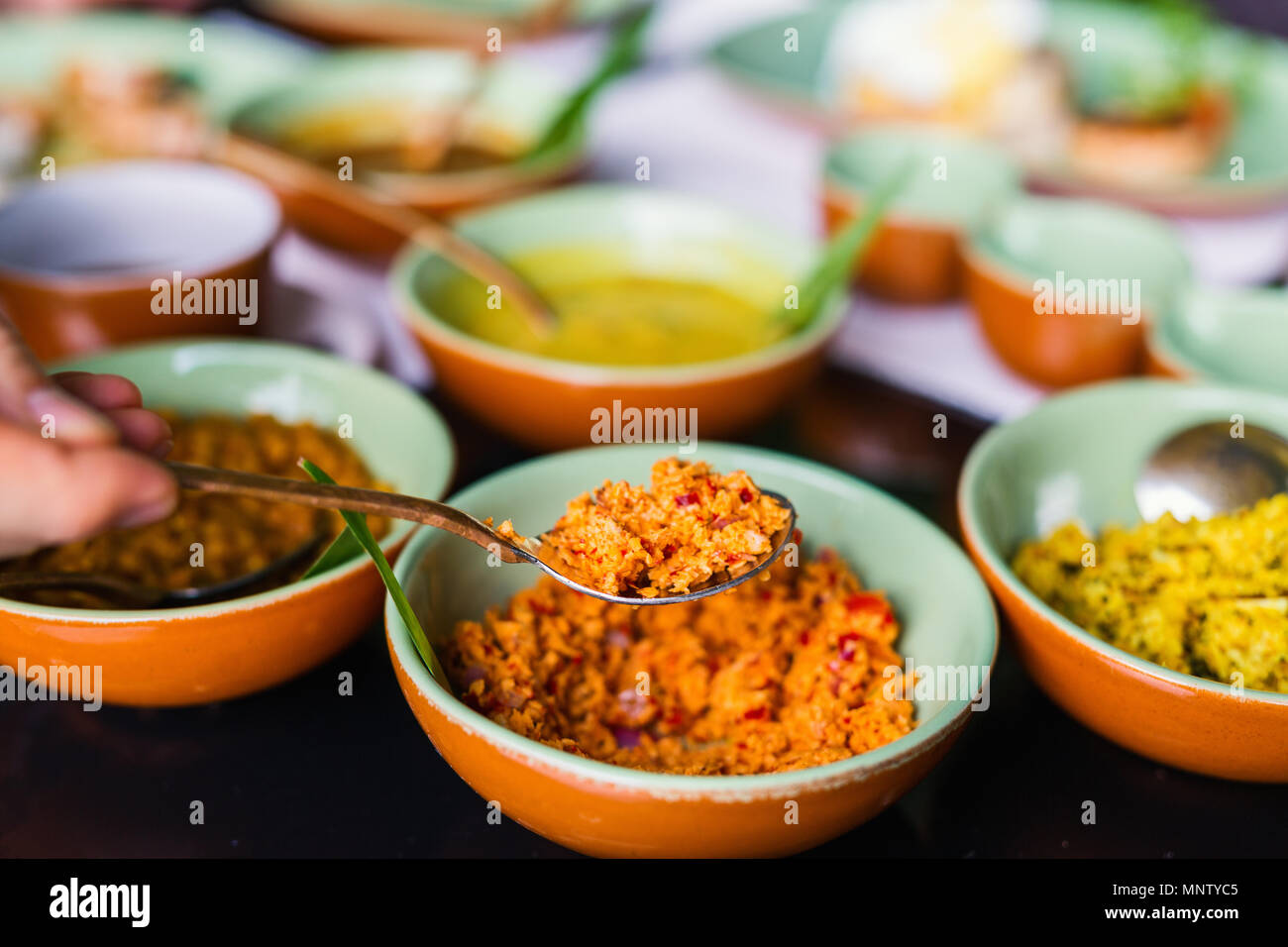Kokos sambal schließen bis auf Tabelle mit Sri Lankan Food Stockfoto