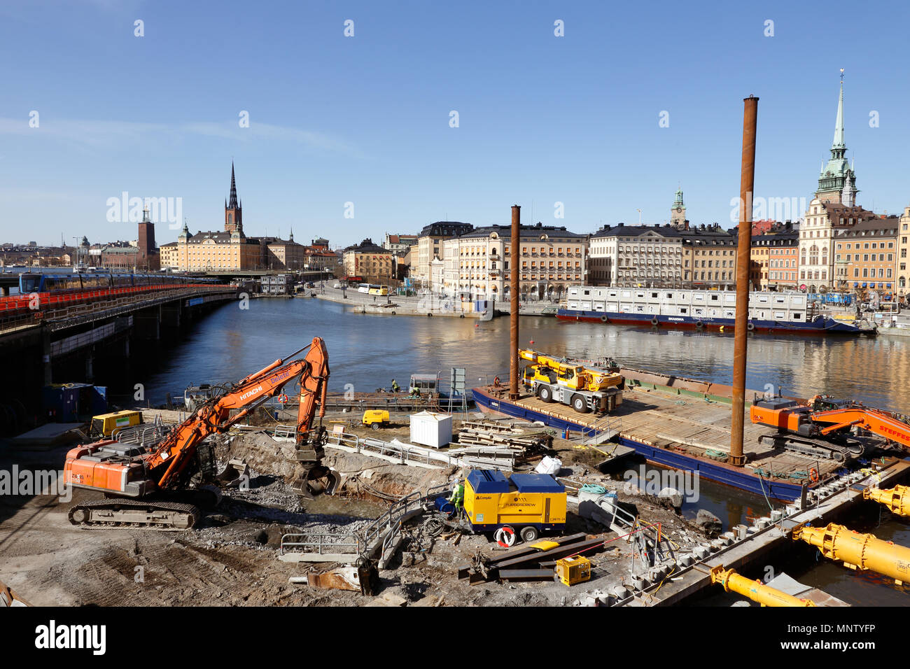 Stockholm, Schweden - 11 April 2018: Baustelle mit Werken mit Rekonstruktion des Slussen. Stockfoto
