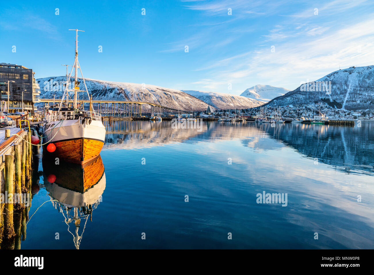 Winterlandschaft Schnee Stadt Tromsö in Nordnorwegen Stockfoto