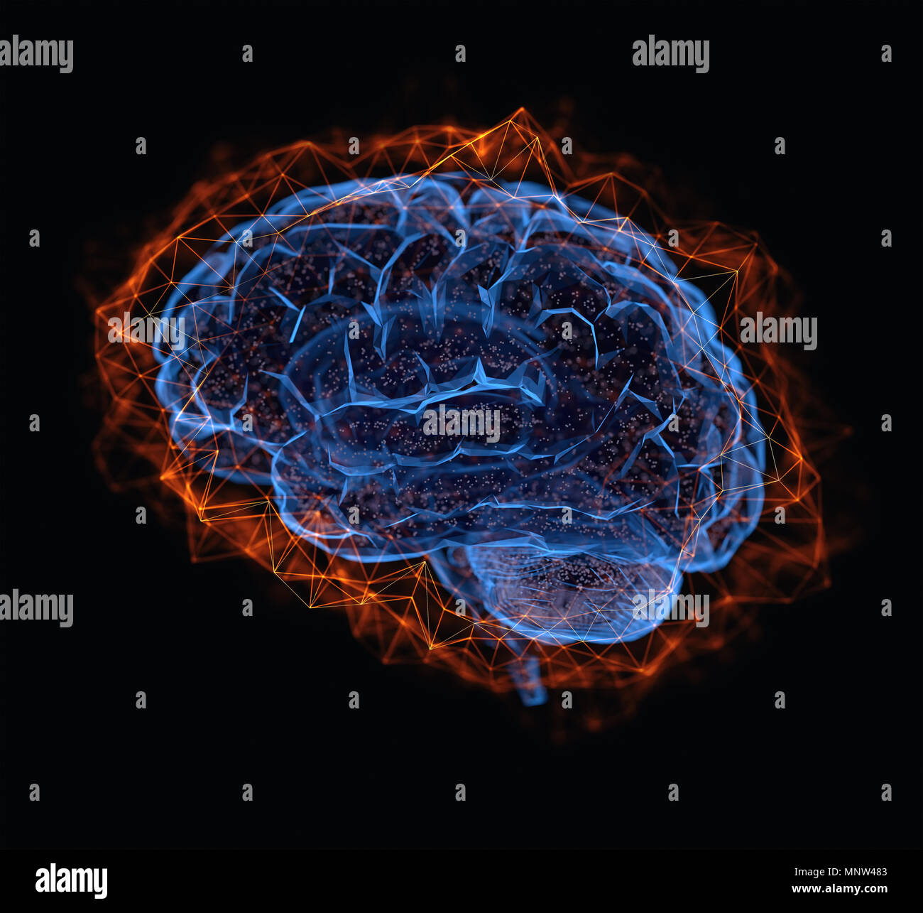 3D-Darstellung. Menschliche Gehirn in einer Struktur von polygonalen Verbindungen, die die Macht des Geistes. Stockfoto