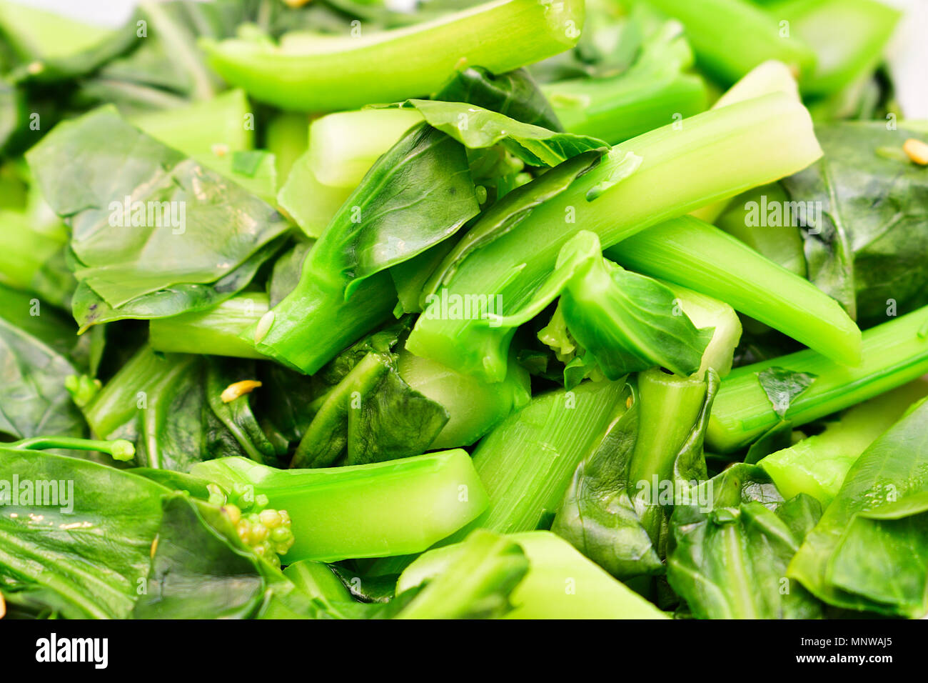 Nahaufnahme von "baby Kai lan', auch als 'Gai lan", "Jie lan", "Chinesischer Brokkoli' oder 'Chinesischen kale". Stockfoto