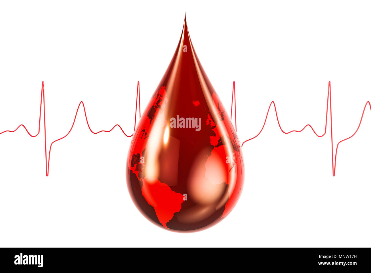 Weltblutspendetag Konzept. Blut Tropfen mit Textur der Welt, 3D-Rendering auf weißem Hintergrund Stockfoto