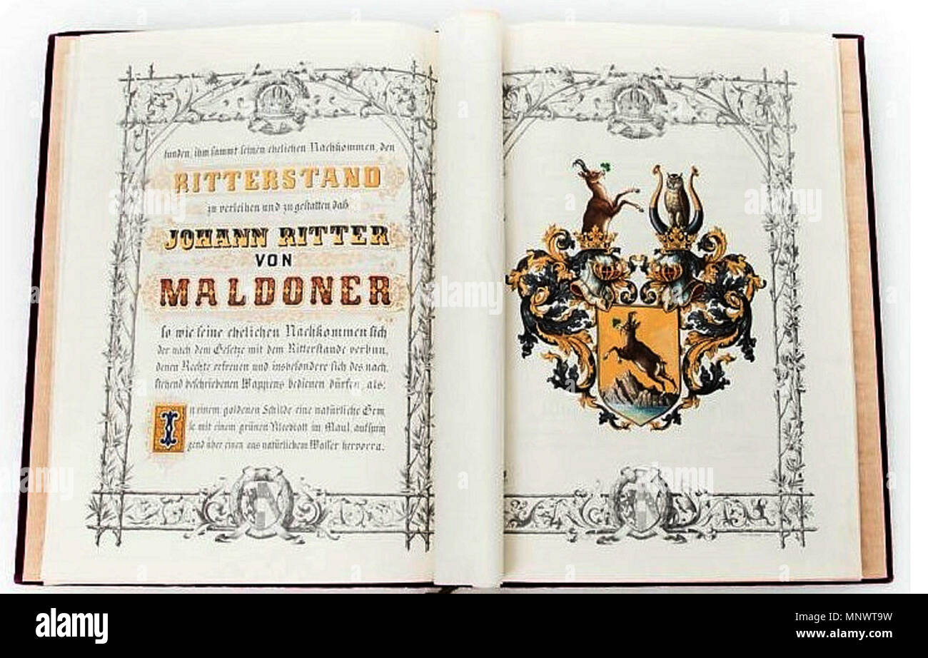 . English: Ritterstandsdiplom von Franz Joseph I. (Kaiser von Österreich 1848-1916) für den Sectionsrath Johann [Ritter von] Maldoner als Ritter des Ordens der Eisernen Krone III. Klasse. Ausgestellt in Wien 1882, mit eigenhändiger Unterschrift des Kaisers. Pergamentlibell (Format ca. 38 x 29 cm), 4 Blätter, Ganzs goldgehöhte Totentanz, teilweise gedruckte Bordüre, farbige Wappendarstellung. Violetter Samteinband, anhängendes Siegel Franz Josephs I. im Messingkapsel (Einspritzdüse Ca. 12 cm), mit dem Deckel der Siegelkapsel Relief des kaiserlichen Wappens. 1882. Anonyme 1066 Ritterstandsdiplom Stockfoto