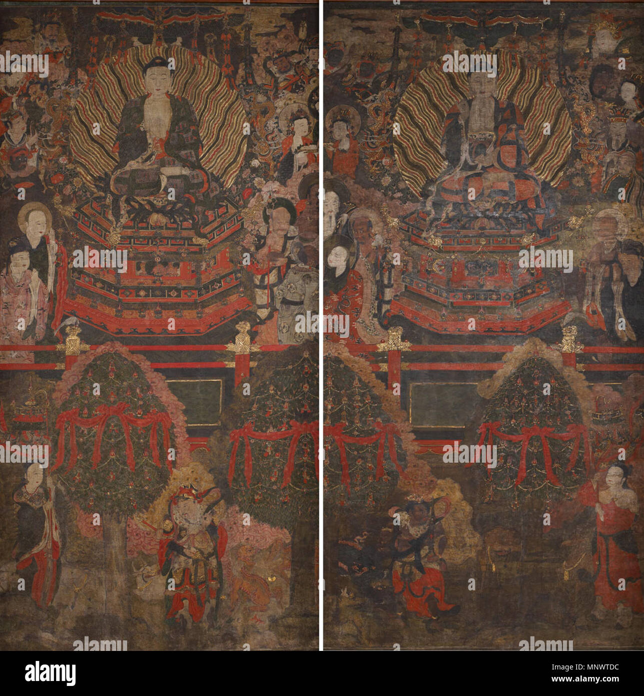 Deutsch: das Reine Land von Amitabha. Englisch: Zwei Panels von einem Tempel Wandgemälde aus der Ming Dynastie Chinas, dem Reinen Land von Amitabha. . Englisch: Über 1450. 1179 das Reine Land von Amitabha Stockfoto