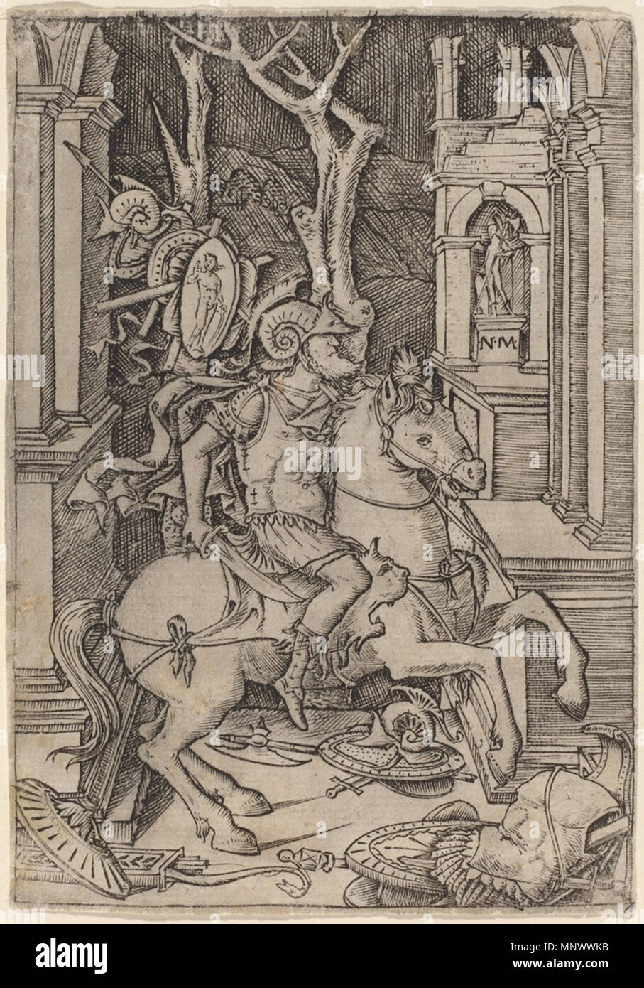 . Englisch: Roman Warrior von Nicoletto da Modena. Gravur, Blatt: 13,8 x 9,6 cm (5 7/16 x 3 3/4 in.), Rosenwald Collection, Beitritt Anzahl: 1943.3.7418. ca. 1507. Nicoletto da Modena (Italienisch, Modena, aktive Ca. 1500-ca. 1520) 1071 Römische Krieger von Nicoletto da Modena Stockfoto