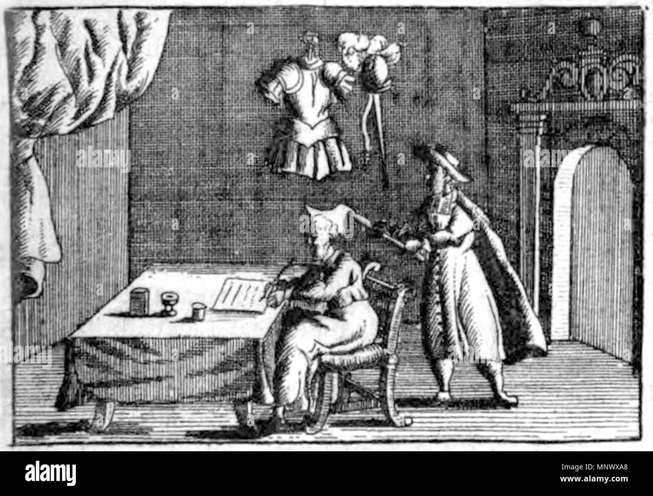 . English: Zeitgenössische Darstellung der Ermordung des kaiserlichen Obristen Heinrich Ludwig v. Hatzfeld durch den Lizenziaten Jakob Varmeier im März 1631 in Rostock. 1631. Unbekannt 1074 Rostock 1631 Varmeier Hatzfeld Stockfoto