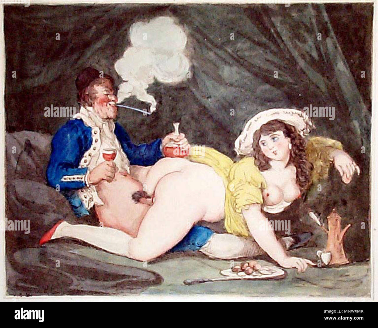 Ein Mann und eine Frau Liebe machen. Mann sitzt eine Pfeife rauchen und trinken. 1075 Thomas Rowlandson (19) Stockfoto