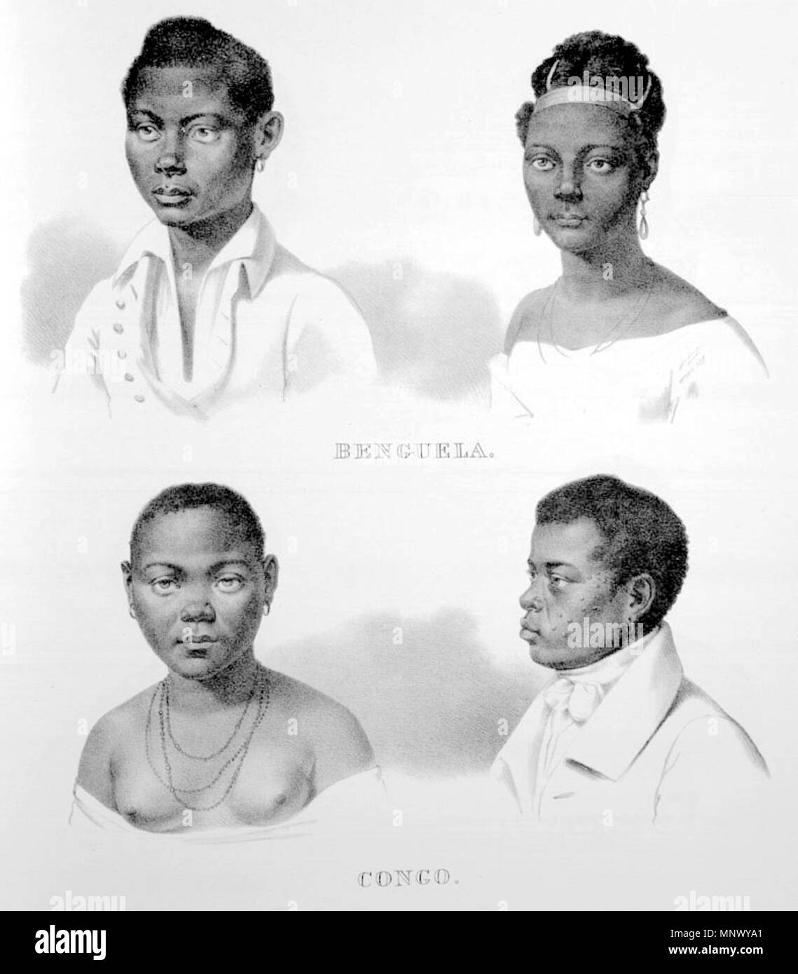 . Português: Escravos de Benguela e Kongo. Englisch: Slaves von Benguela e Kongo. In: Voyage Pittoresque dans le Brésil, traduit de l'Allemand (Paris, 1835; auch im selben Jahr in deutscher Sprache veröffentlicht). In Viagem Pitoresca Através nachgedruckt do Brasil (Rio de Janeiro, 1972), und in der Farbe von original Wasser Farben, in Viagem Pitoresca Através do Brasil (Editora Itatiaia Limitada, Editora da Universidade de Sao Paulo, 1989). Beide 1835 Französische und Deutsche Originalausgaben waren in schwarz/weiß veröffentlicht. um 1830. Johann Moritz Rugendas (1802 - 1858) Beschreibung Deutsche Maler, Reisenden und Thema Stockfoto