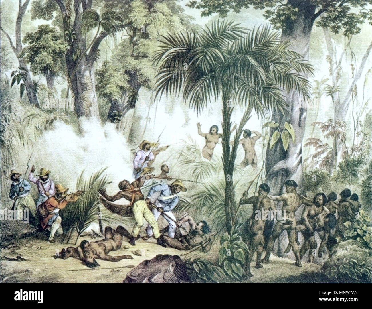 . Englisch: Indische Guerilla. Português: Combates com índios. ca. 1820. Johann Moritz Rugendas (1802-1858), deutscher Maler, Reisenden und Thema Datum der Geburt / Tod 29 März 1802 29. Mai 1858 Ort der Geburt / Tod Augsburg Weilheim Arbeitsort Deutschland Beschreibung, Südamerika Authority control: Q 652305 VIAF: 61675197 ISNI: 0000 0001 09076712ULAN: 500005074 50052066 LCCN: n NLA: 48044412 WorldCat 1078 Rugendas - Guerilla Stockfoto