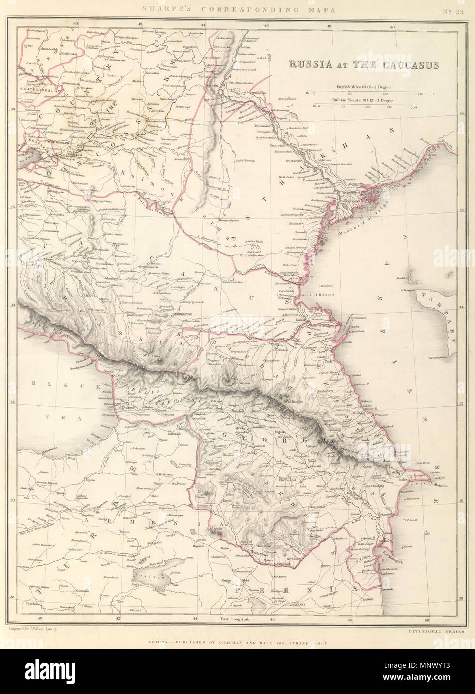 . Englisch: Sharpe die entsprechenden Karten. Russland im Kaukasus. London - von Chapman und Halle, 186 Strand, 1847 veröffentlicht. Gg-Serie. David Rumsey Lizenzen öffentlich dieses historische Bild unter der Creative Commons Lizenz - David Rumsey Historical Map Collection. 1847. Lowry, J.W., Sharpe, J. 1080 Russland im Kaukasus 1847 Stockfoto