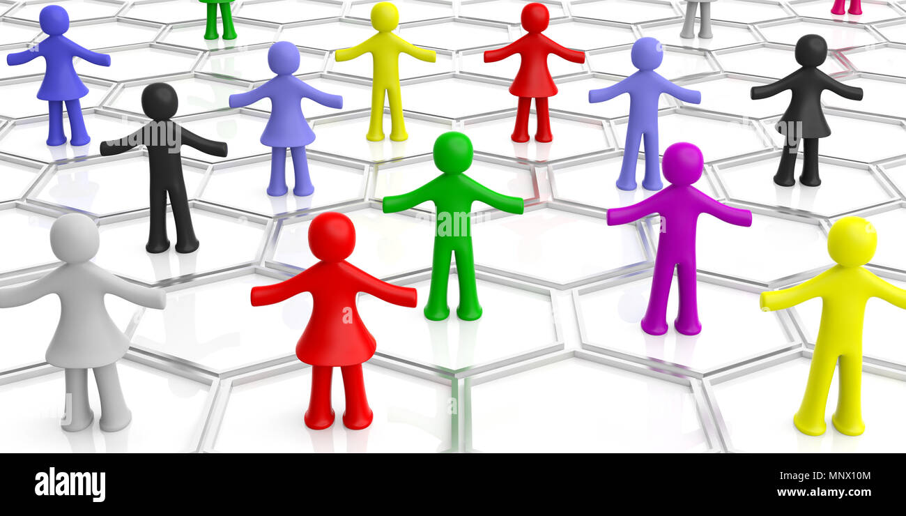 Soziales Netzwerk Konzept. Bunte menschliche Figuren auf weißem Hintergrund. 3D-Darstellung Stockfoto