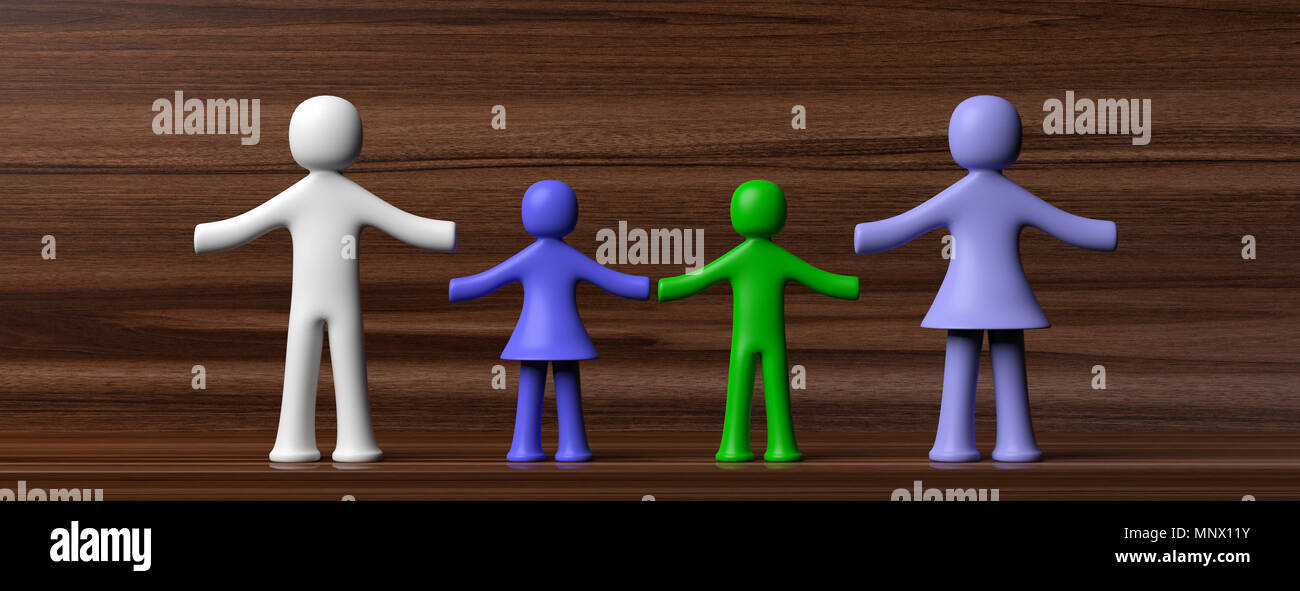 Familie Konzept. Vier bunte menschliche Figuren auf hölzernen Hintergrund isoliert. 3D-Darstellung Stockfoto
