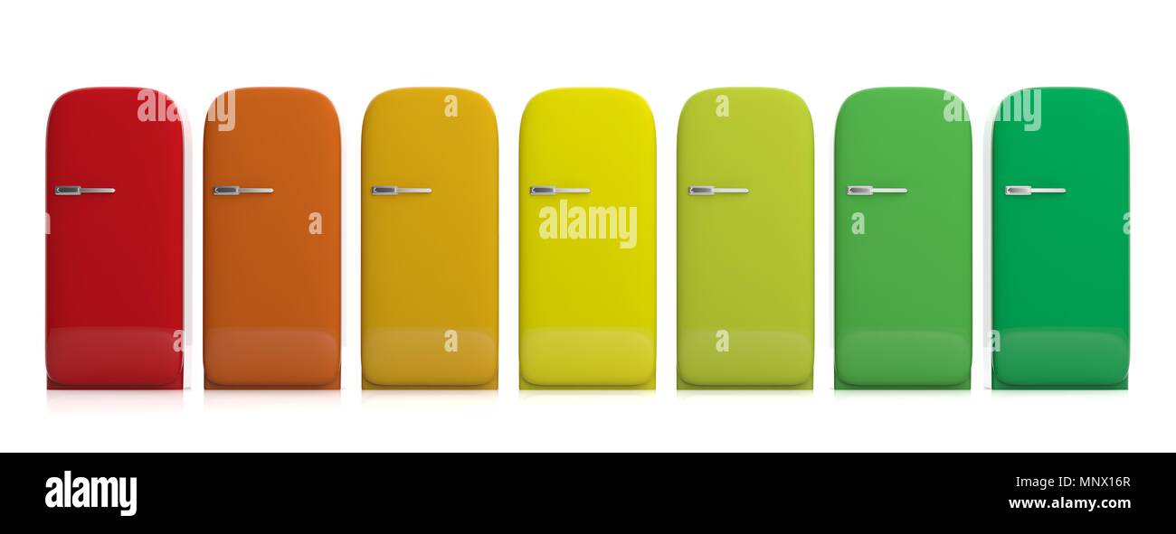 Kühlschrank, Haushaltsgeräte und Energieeffizienz. Vintage Kühlschränke verschiedene Farben auf weißem Hintergrund, Vorderansicht, Banner. 3D-Darstellung Stockfoto