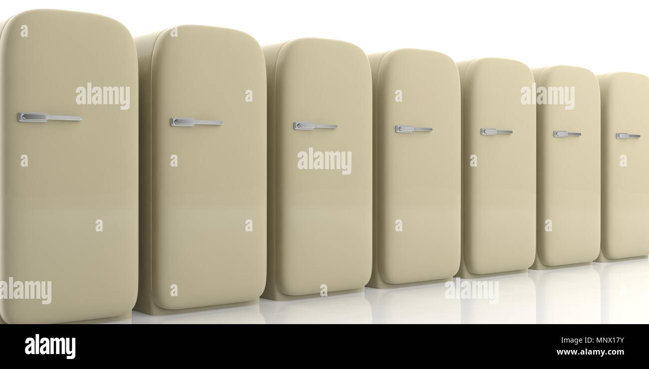 Kühlschränke, Haushaltsgeräte. Vintage Kühlschränke auf weißem Hintergrund. 3D-Darstellung Stockfoto