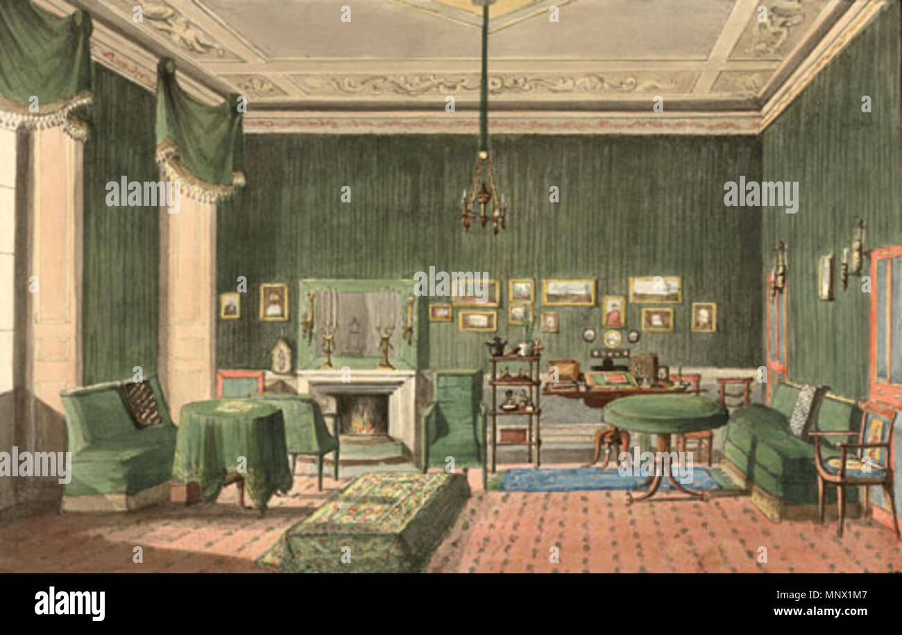. Der Salon Vert in der Wohnung des Marschalls Jablonowsky in Neapel. (Aquarell über Kreidelithographie. 28,7 x 43 cm). ca. 1820. Anonyme österreichische Maler 1087 Salon Vert der Jablonowskischen Wohnung um 1820 Stockfoto